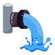 Water flows out of a gray pipe with a black fitting, splashing onto the surface below.