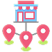 Icon of a storefront, connected by lines to three pink map pins