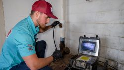 A technician in a teal shirt and red cap inspects a pipe for drain cleaning in Knoxville, using a camera cable and viewing the results on a monitor in a utility room with concrete walls.