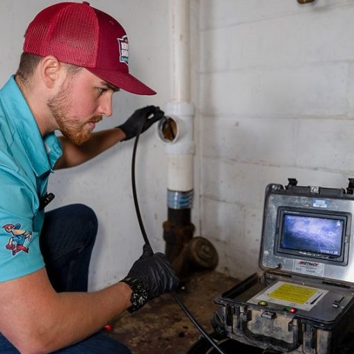 A technician in a teal shirt and red cap inspects a pipe for drain cleaning in Knoxville, using a camera cable and viewing the results on a monitor in a utility room with concrete walls.