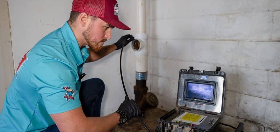 A technician inspects a pipe using a video camera and monitor inside a building with white walls and exposed plumbing.