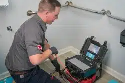 A technician uses a video inspection device to examine plumbing in a bathroom, viewing footage on a monitor—an essential step before drain cleaning in Knoxville.