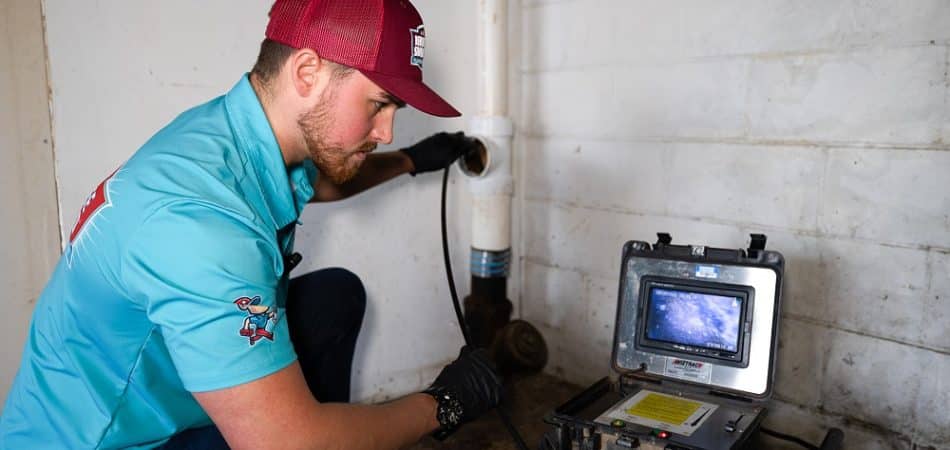 A worker in a teal shirt and red cap uses a sewer inspection camera to examine a pipe, offering professional drain cleaning in Maryville while the camera monitor displays the pipe's interior.