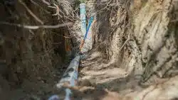 A close-up view of underground PVC pipes and cables running through a narrow, freshly dug trench in soil, illustrating the process involved in Sewer Line Repair vs. Replacement.