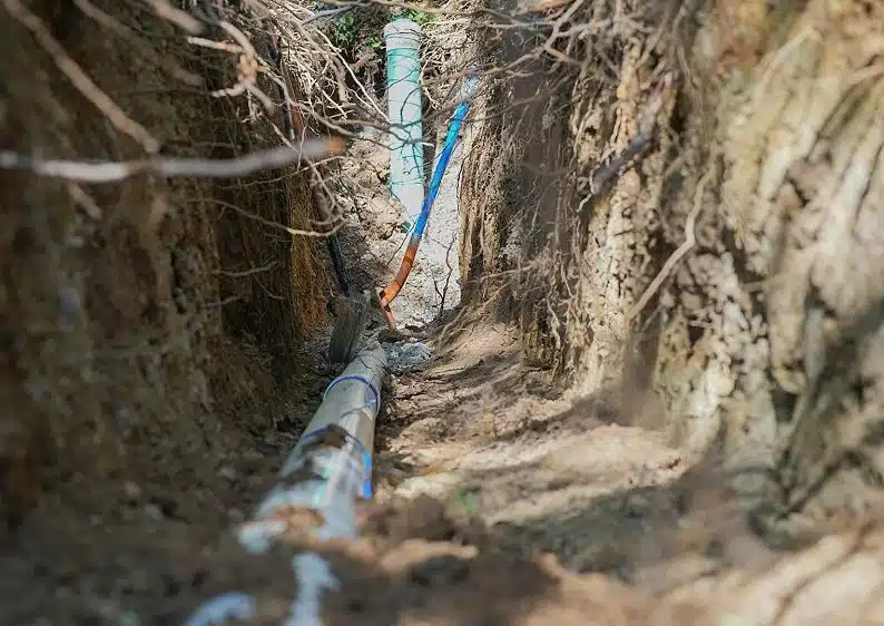 A close-up view of underground PVC pipes and cables running through a narrow, freshly dug trench in soil, illustrating the process involved in Sewer Line Repair vs. Replacement.