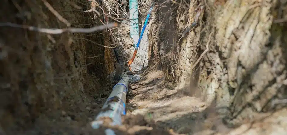 A close-up view of underground utility pipes and cables running through a narrow trench in the soil.