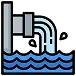 Illustration of water flowing from a pipe into a larger body of water, with splashes visible around the pipe's outlet.