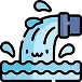 Icon of a drain pipe with water flowing out forcefully, illustrated in blue and black line art style.