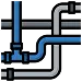 Interconnected blue and gray pipes with joints and bends