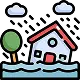 Icon of a house tilted in floodwaters next to a tree, beneath cloudy skies