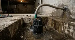 Submersible sump pump active inside a pit, pumping accumulated groundwater away from a structure's foundation.
