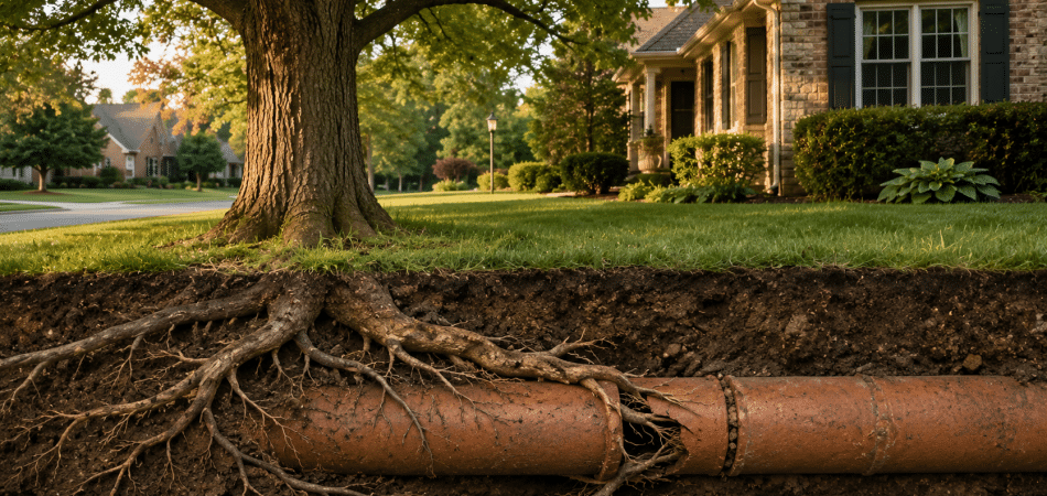 Suburban yard with tree and underground pipe