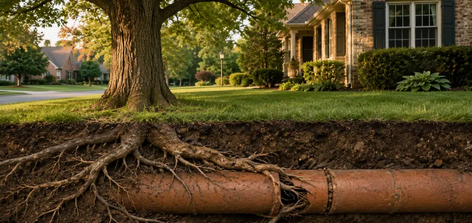 Suburban yard with tree and underground pipe