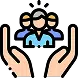 Icon of two open hands supporting a group of three people, representing community support.