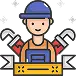 Icon of a smiling plumber wearing a blue cap and overalls, holding two red wrenches.