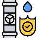 Icon showing a vertical pipe with a valve, a blue water droplet above, and a yellow shield with a checkmark.