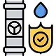 Icon showing a vertical pipe with a valve, a blue water droplet above, and a yellow shield with a checkmark.
