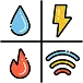 Four quadrants display a water droplet, lightning bolt, flame, and a wireless signal icon, each representing different elements or utilities.