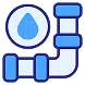 A blue and white icon of a water droplet above a section of pipe with an elbow joint.