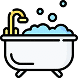 A white bathtub with bubbles and a yellow faucet icon.