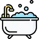 A white bathtub with bubbles and a yellow faucet icon.