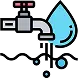 Illustration of a silver faucet with a red handle, dripping a large blue water droplet and smaller drops.