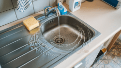 a kitchen sink with slow drain