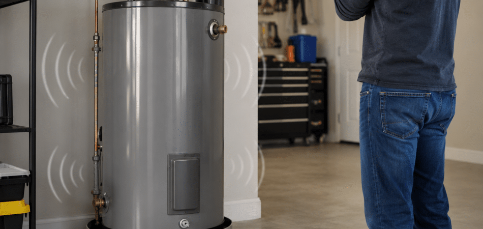 a residential water heater tank in a garage