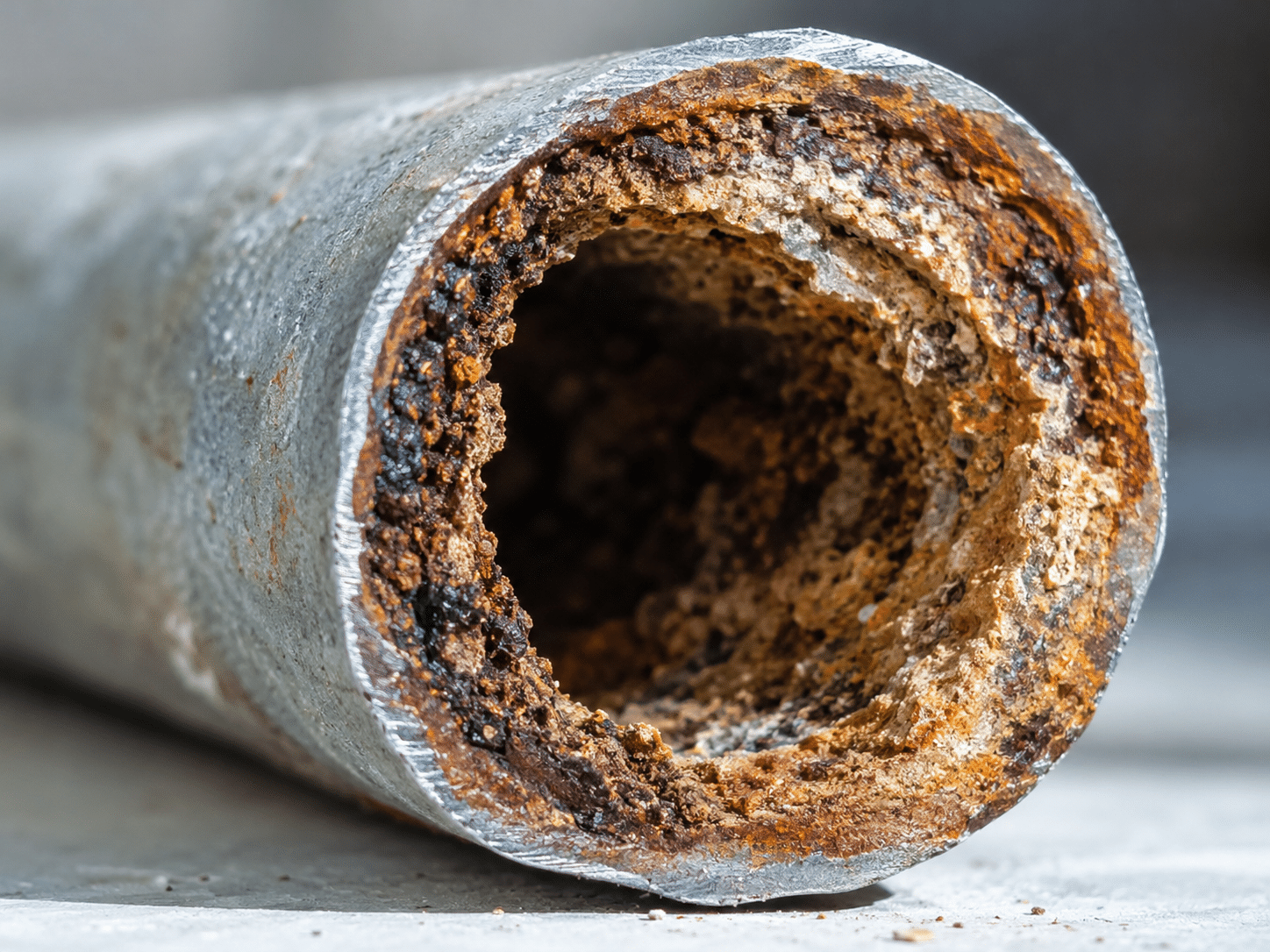 aged galvanized steel pipe section showing internal corrosion