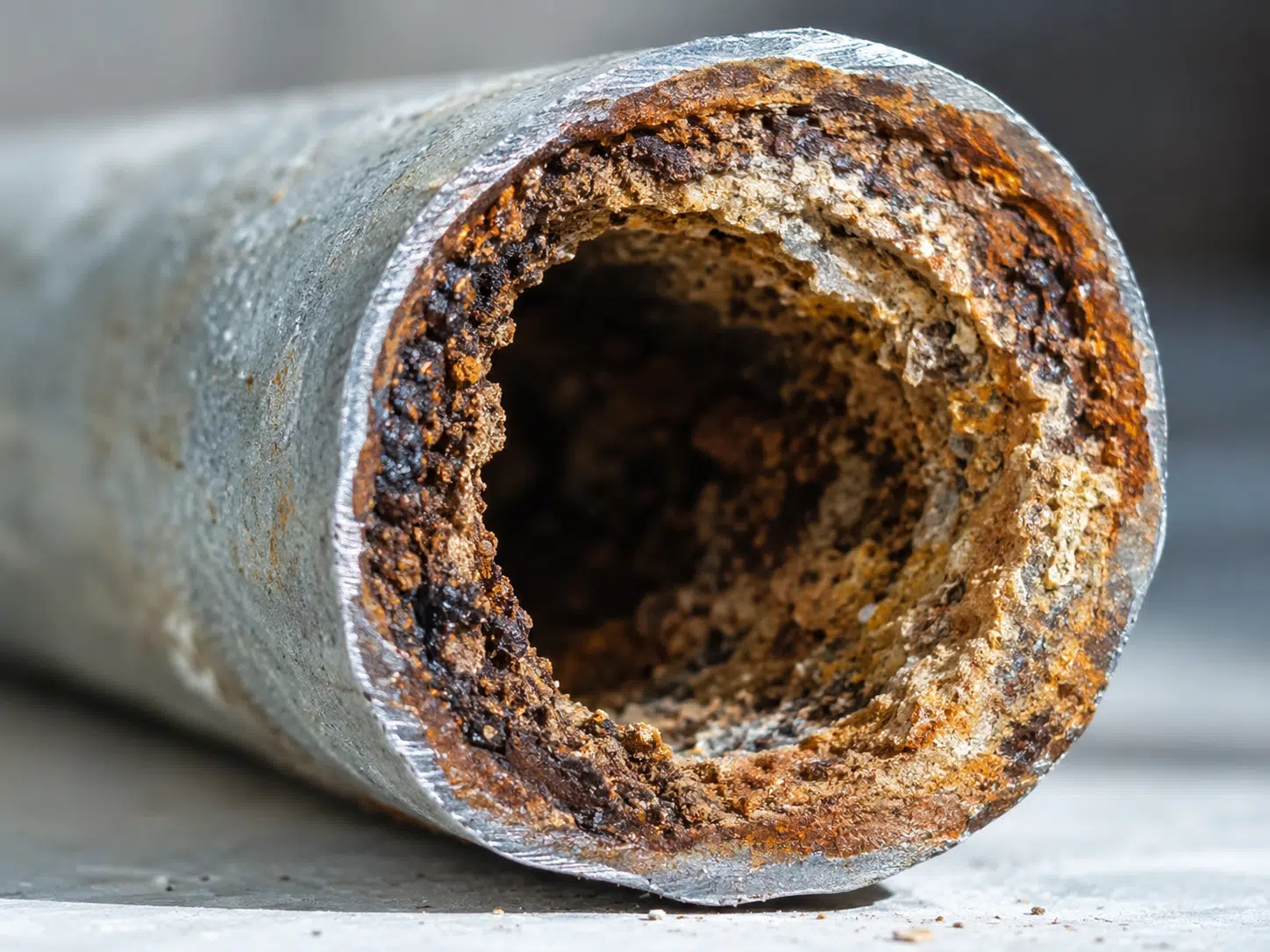 aged galvanized steel pipe section showing internal corrosion