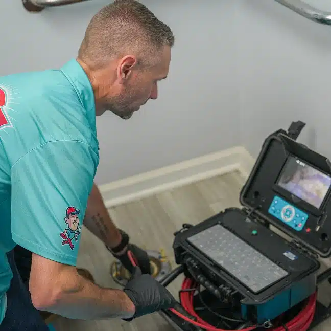 A person operates a plumbing inspection camera, viewing a screen inside an open case while wearing gloves in a small indoor space.