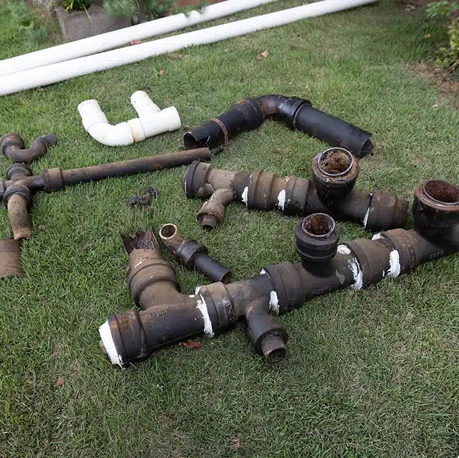Assorted old and new plumbing pipes and fittings are laid out on a patch of grass.