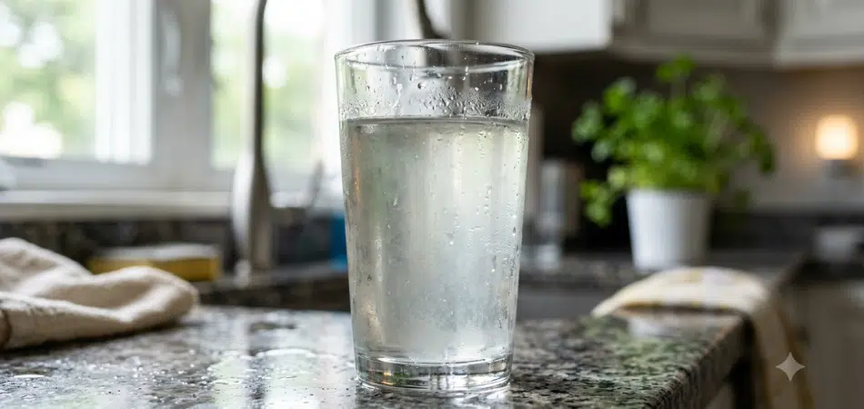 clear drinking glass filled with faintly cloudy tap water