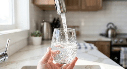 clear glass being filled with clean, sparkling water from a kitchen faucet