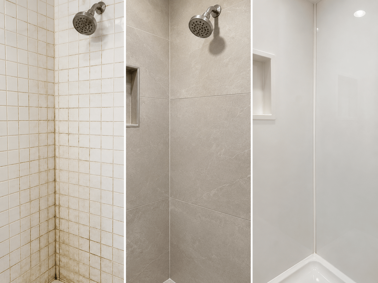 close-up comparison grid showing three different grout and seam scenarios side by side