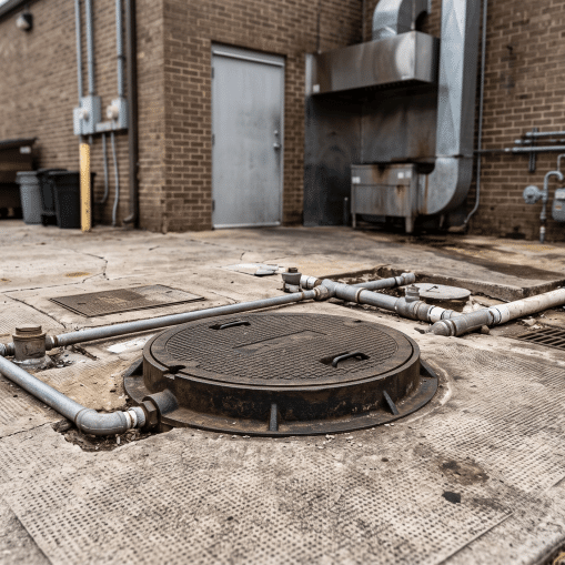 commercial plumbing installation showing a large underground gravity grease interceptor