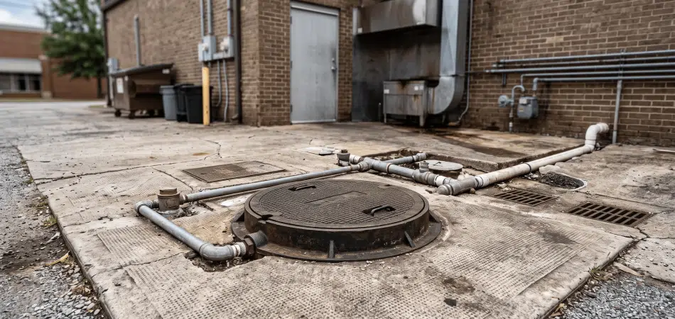 commercial plumbing installation showing a large underground gravity grease interceptor