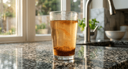 drinking glass filled with discolored rusty hot water