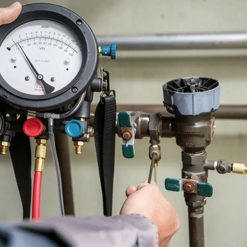 A person uses a pressure gauge to check or adjust a valve on a pipe system, with red and blue hoses attached to the equipment during backflow prevention testing.