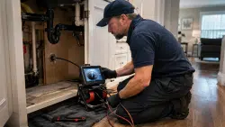 experienced plumber using a compact sewer camera inspection system and digital diagnostic equipment to investigate hidden plumbing problems.