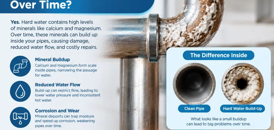 A metal pipe with mineral buildup contrasted with a clean pipe, illustrating how hard water can damage plumbing over time; infographic text explains causes, effects, and solutions.