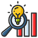 Icon depicting a magnifying glass focusing on a lit lightbulb beside a bar graph
