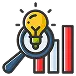Icon depicting a magnifying glass focusing on a lit lightbulb beside a bar graph