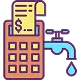 Illustration of a calculator with a dollar receipt, connected to a leaking faucet.