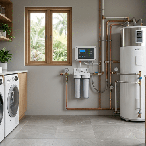 home utility room showcasing a pristine high-efficiency water heater, washing machine, dishwasher, and whole-home water filtration system connected with clean plumbing lines