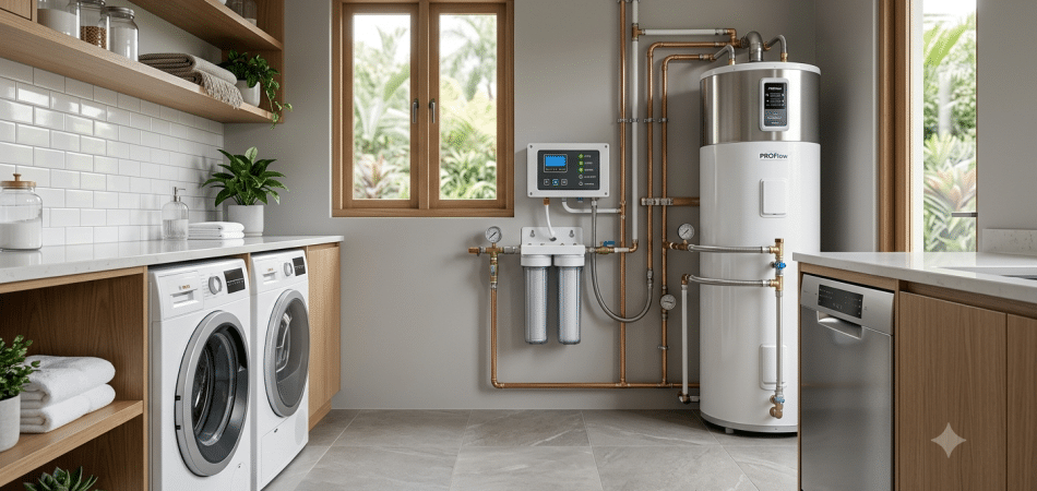 home utility room showcasing a pristine high-efficiency water heater, washing machine, dishwasher, and whole-home water filtration system connected with clean plumbing lines