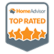 HomeAdvisor Top Rated badge with four orange stars and the HomeAdvisor logo at the top.