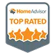HomeAdvisor Top Rated badge with four orange stars and the HomeAdvisor logo at the top.