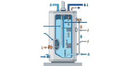 illustration of a residential tank-style water heater showing the anode rod, tank interior, and water flow, clean technical infographic style