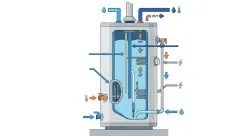 illustration of a residential tank-style water heater showing the anode rod, tank interior, and water flow, clean technical infographic style